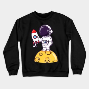 Cute Astronaut Holding Rocket On Moon Cartoon Crewneck Sweatshirt